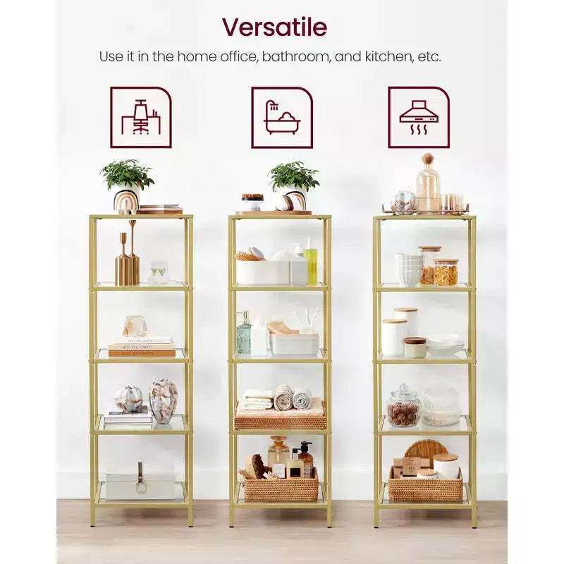 Étagère étroite à 5 niveaux, tablettes en verre trempé, cadre doré/noir, assemblage par 1 personne