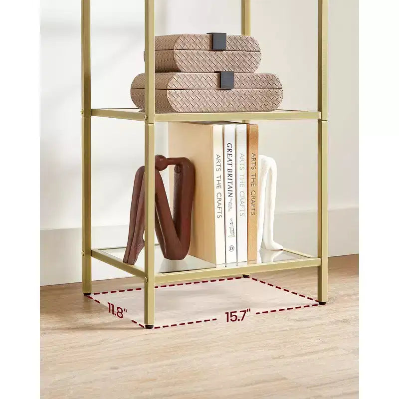 Étagère étroite à 5 niveaux, tablettes en verre trempé, cadre doré/noir, assemblage par 1 personne