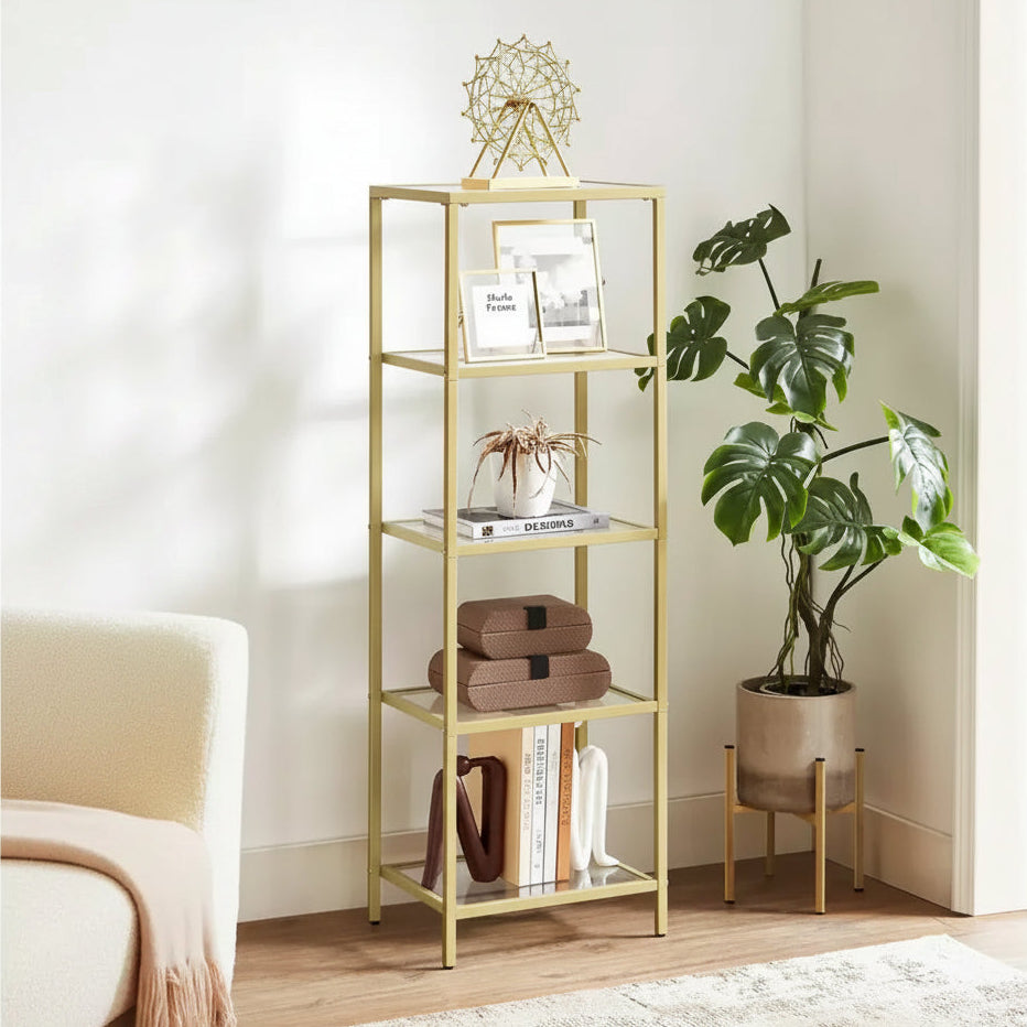 Étagère étroite à 5 niveaux, tablettes en verre trempé, cadre doré/noir, assemblage par 1 personne