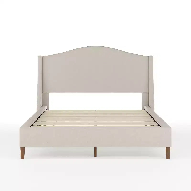 Lit plateforme tapissé en tissu beige et pieds en noyer, tête de lit incurvée, grand lit/très grand lit, pour 2 personnes
