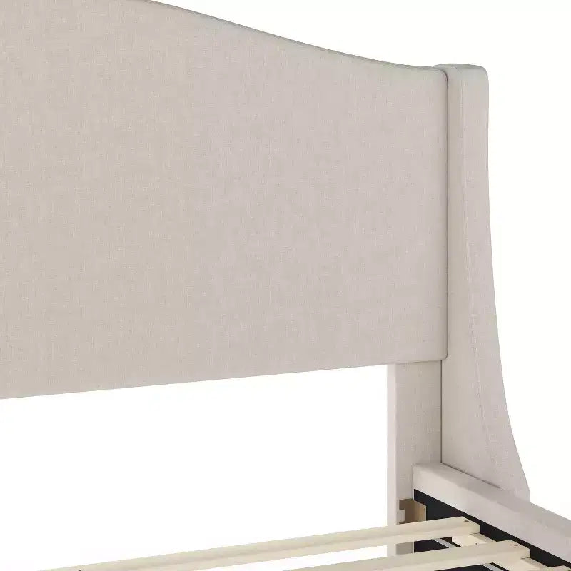 Lit plateforme tapissé en tissu beige et pieds en noyer, tête de lit incurvée, grand lit/très grand lit, pour 2 personnes