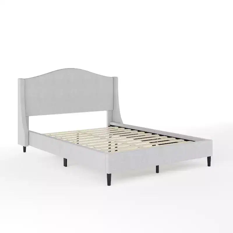 Lit plateforme tapissé en tissu beige et pieds en noyer, tête de lit incurvée, grand lit/très grand lit, pour 2 personnes