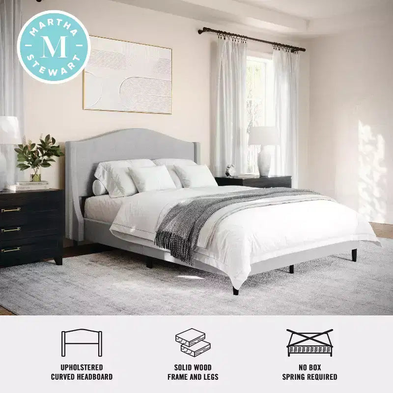 Lit plateforme tapissé en tissu beige et pieds en noyer, tête de lit incurvée, grand lit/très grand lit, pour 2 personnes