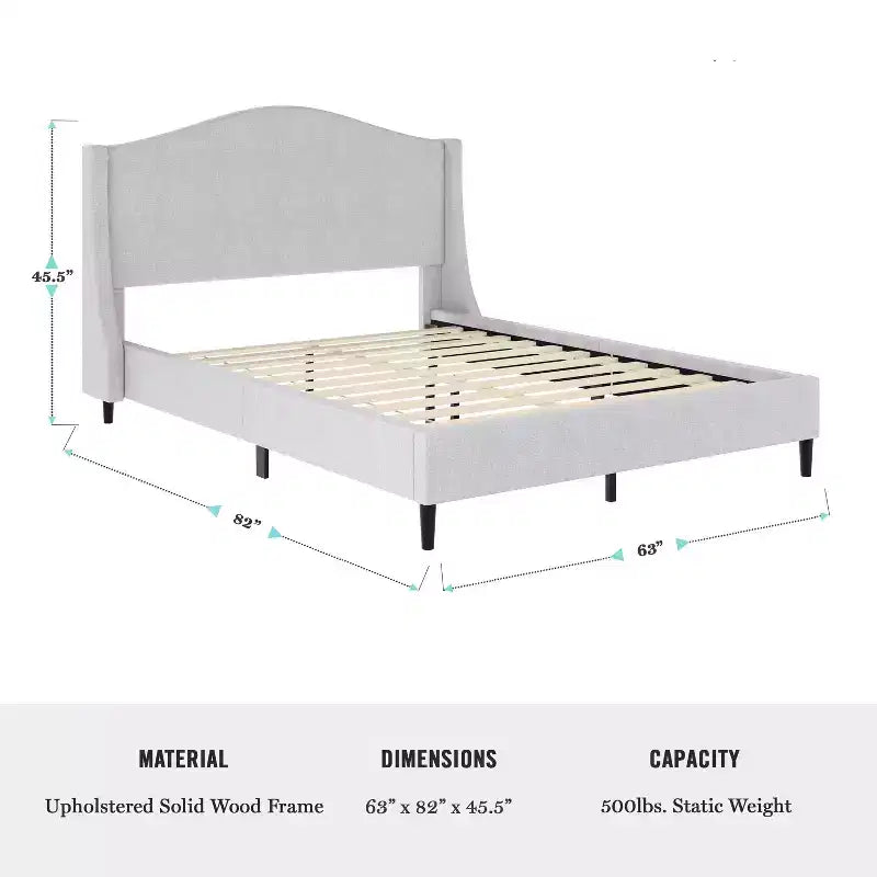 Lit plateforme tapissé en tissu beige et pieds en noyer, tête de lit incurvée, grand lit/très grand lit, pour 2 personnes