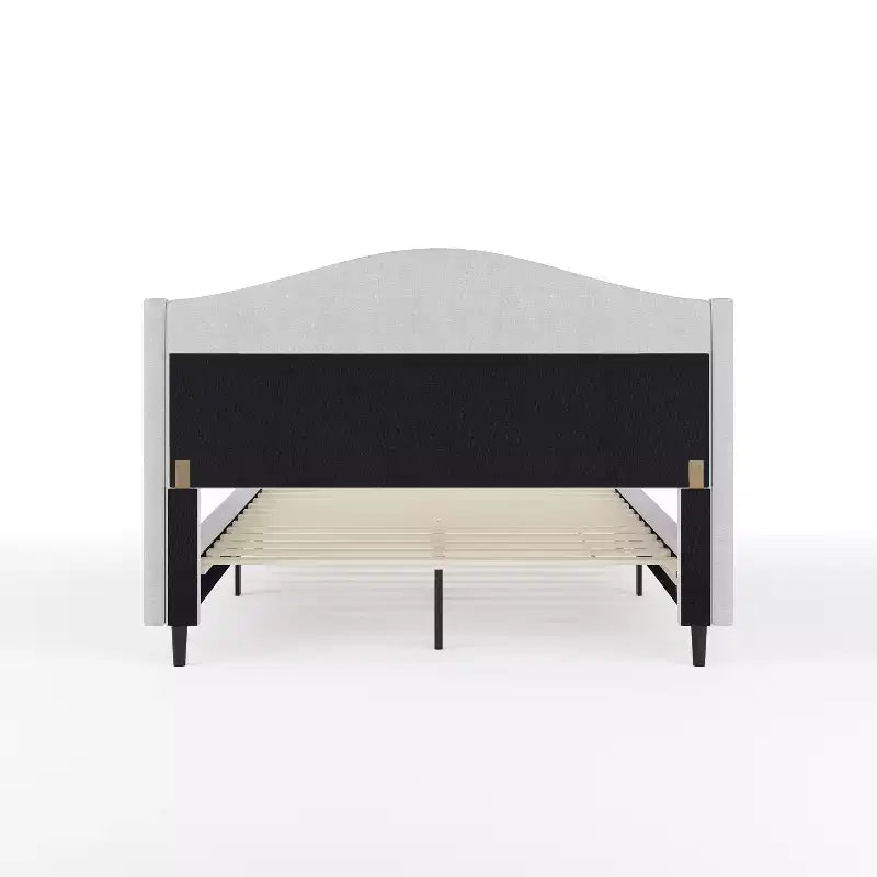 Lit plateforme tapissé en tissu beige et pieds en noyer, tête de lit incurvée, grand lit/très grand lit, pour 2 personnes