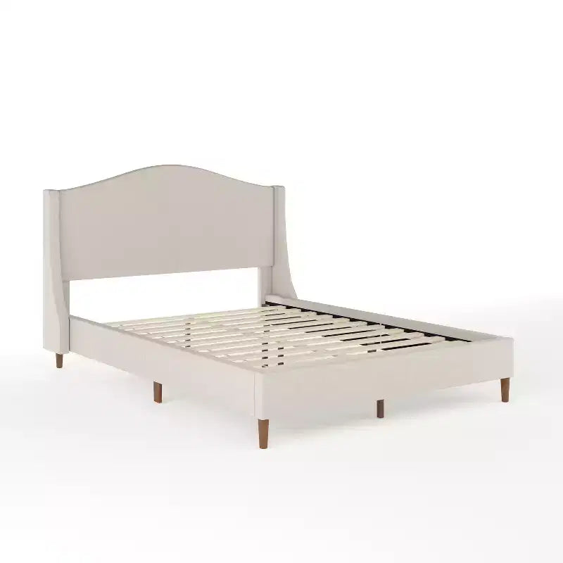 Lit plateforme tapissé en tissu beige et pieds en noyer, tête de lit incurvée, grand lit/très grand lit, pour 2 personnes