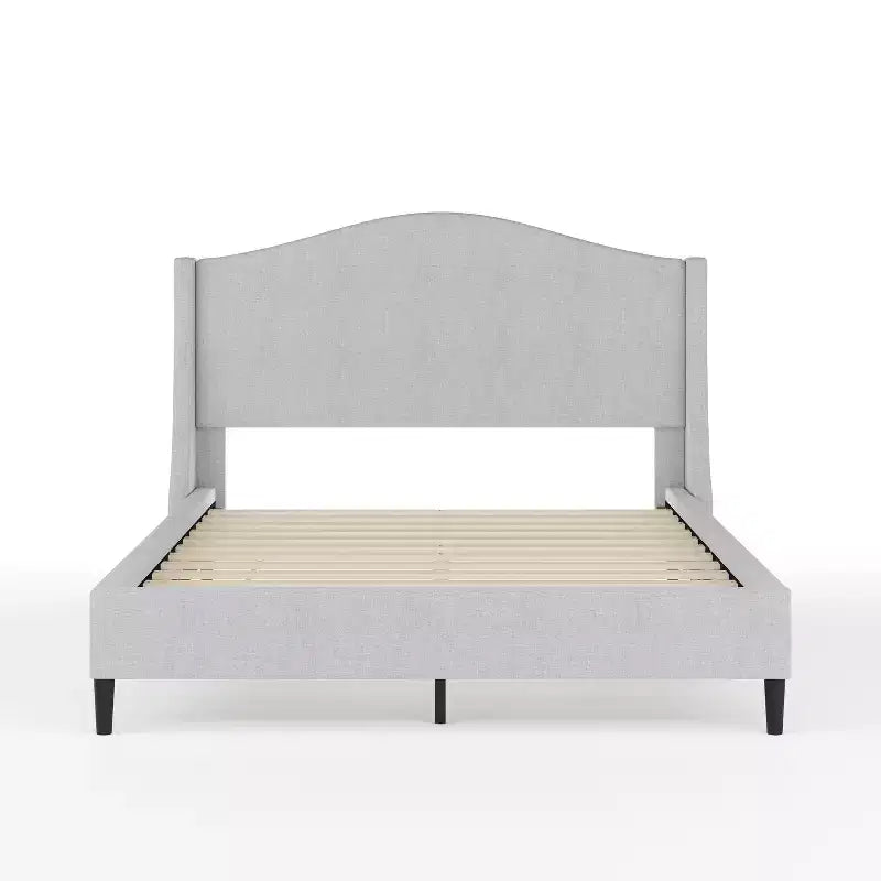 Lit plateforme tapissé en tissu beige et pieds en noyer, tête de lit incurvée, grand lit/très grand lit, pour 2 personnes