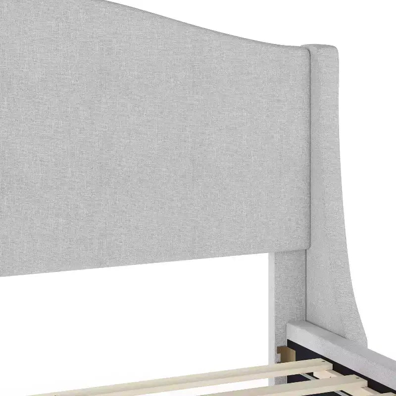 Lit plateforme tapissé en tissu beige et pieds en noyer, tête de lit incurvée, grand lit/très grand lit, pour 2 personnes