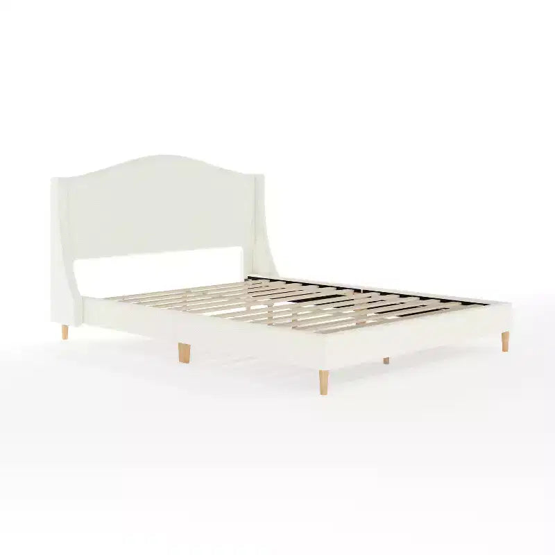 Lit plateforme tapissé en tissu beige et pieds en noyer, tête de lit incurvée, grand lit/très grand lit, pour 2 personnes