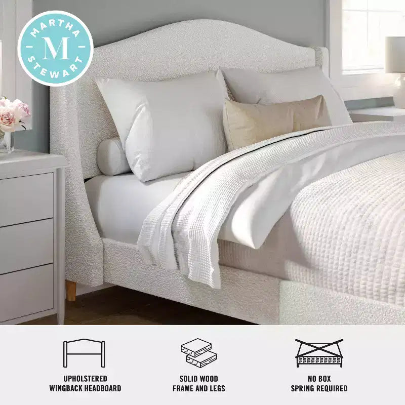 Lit plateforme tapissé en tissu beige et pieds en noyer, tête de lit incurvée, grand lit/très grand lit, pour 2 personnes