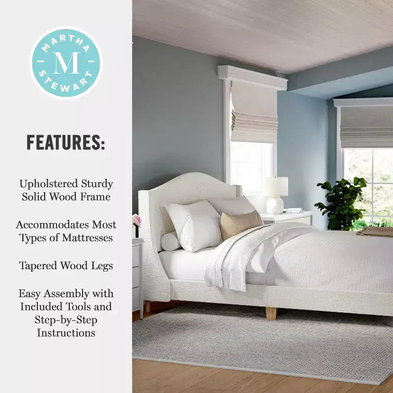 Lit plateforme tapissé en tissu beige et pieds en noyer, tête de lit incurvée, grand lit/très grand lit, pour 2 personnes