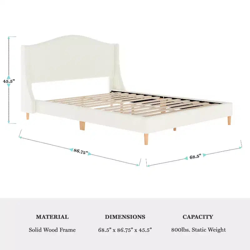 Lit plateforme tapissé en tissu beige et pieds en noyer, tête de lit incurvée, grand lit/très grand lit, pour 2 personnes