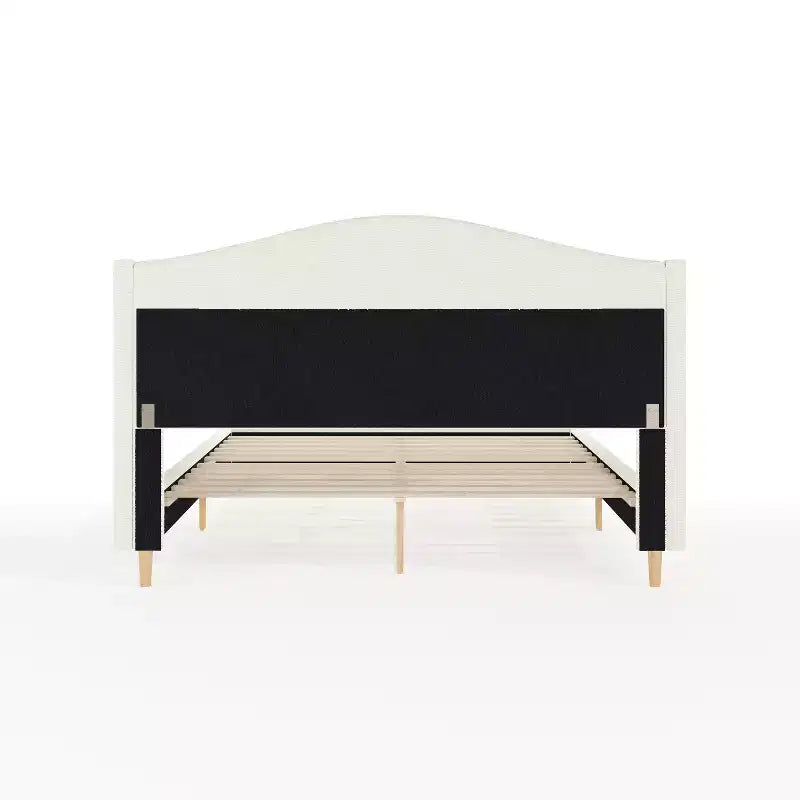 Lit plateforme tapissé en tissu beige et pieds en noyer, tête de lit incurvée, grand lit/très grand lit, pour 2 personnes