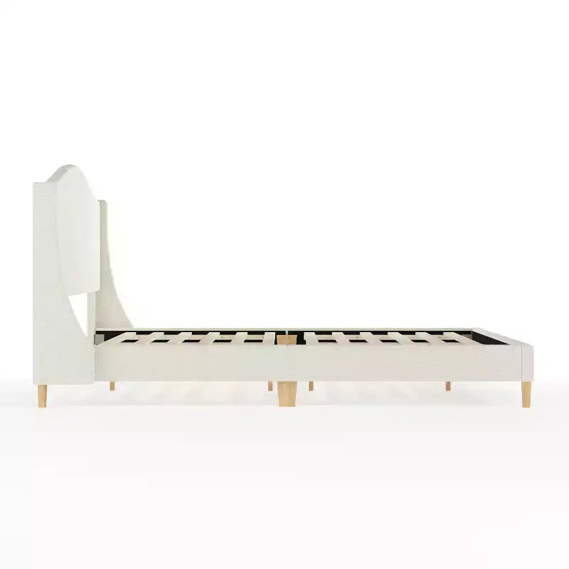 Lit plateforme tapissé en tissu beige et pieds en noyer, tête de lit incurvée, grand lit/très grand lit, pour 2 personnes