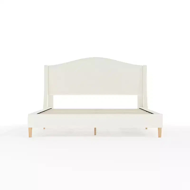 Lit plateforme tapissé en tissu beige et pieds en noyer, tête de lit incurvée, grand lit/très grand lit, pour 2 personnes