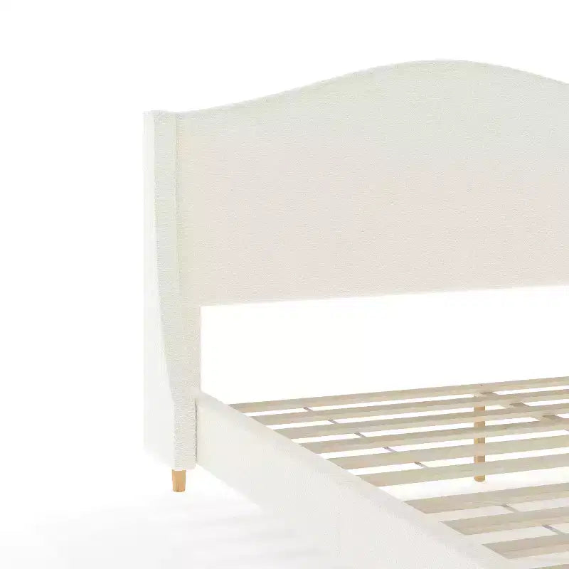 Lit plateforme tapissé en tissu beige et pieds en noyer, tête de lit incurvée, grand lit/très grand lit, pour 2 personnes