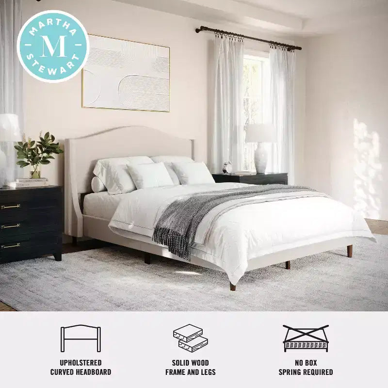 Lit plateforme tapissé en tissu beige et pieds en noyer, tête de lit incurvée, grand lit/très grand lit, pour 2 personnes