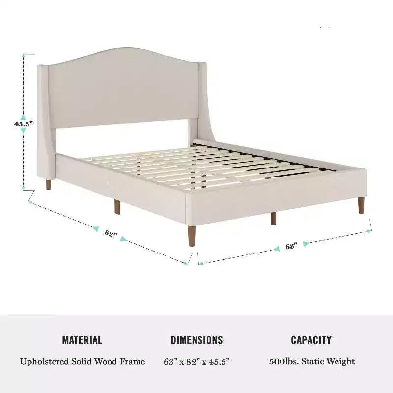 Lit plateforme tapissé en tissu beige et pieds en noyer, tête de lit incurvée, grand lit/très grand lit, pour 2 personnes