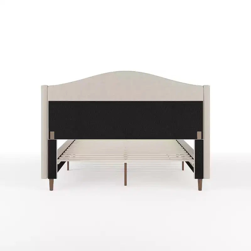 Lit plateforme tapissé en tissu beige et pieds en noyer, tête de lit incurvée, grand lit/très grand lit, pour 2 personnes