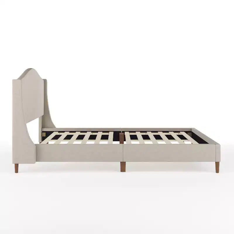 Lit plateforme tapissé en tissu beige et pieds en noyer, tête de lit incurvée, grand lit/très grand lit, pour 2 personnes