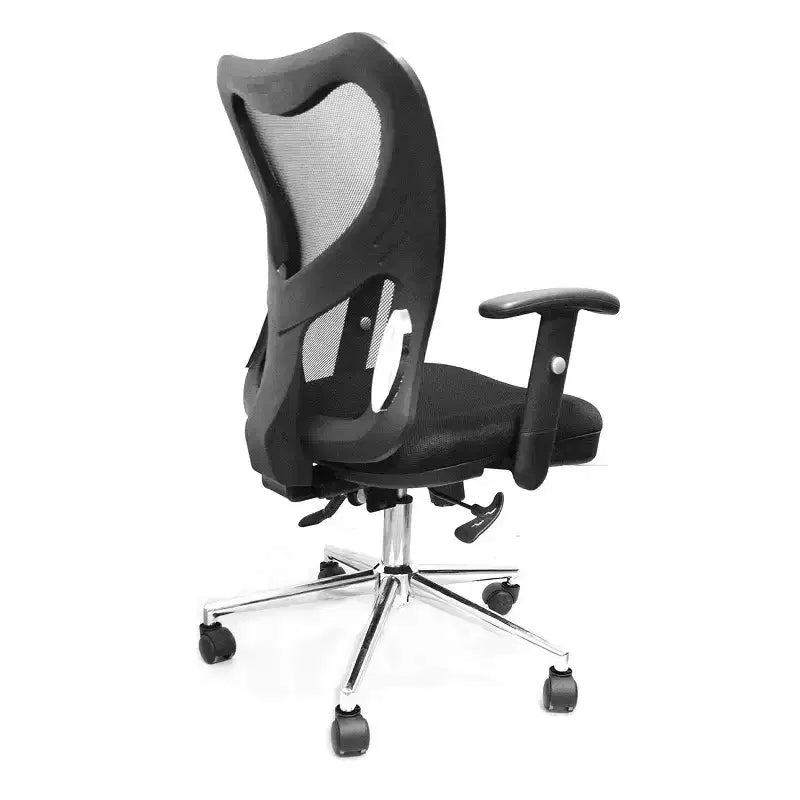 Chaise de bureau noire à dossier haut avec dossier en maille, siège rembourré et roulettes, 1 personne