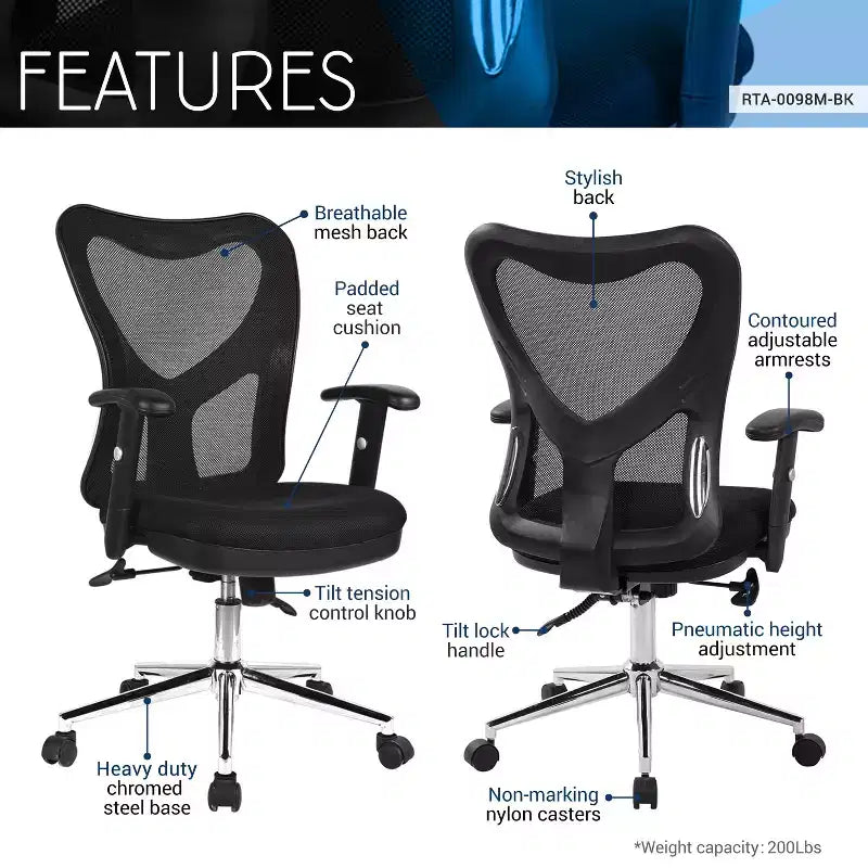 Chaise de bureau noire à dossier haut avec dossier en maille, siège rembourré et roulettes, 1 personne