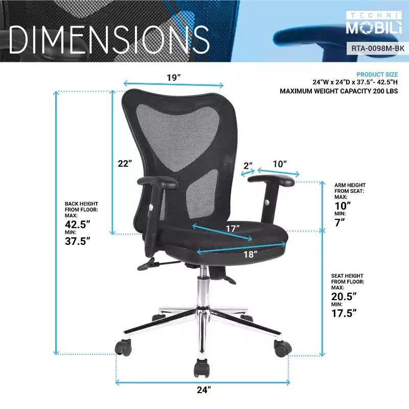 Chaise de bureau noire à dossier haut avec dossier en maille, siège rembourré et roulettes, 1 personne