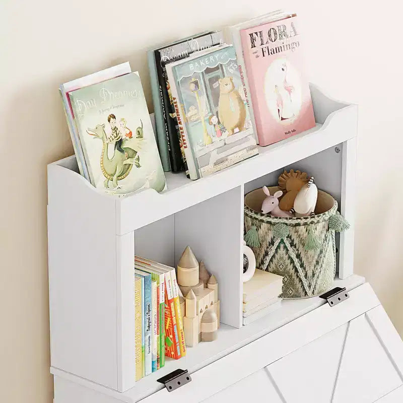 Bibliothèque et rangement de jouets gris/blanc pour enfants avec couvercle à rabat, pour garçons et filles