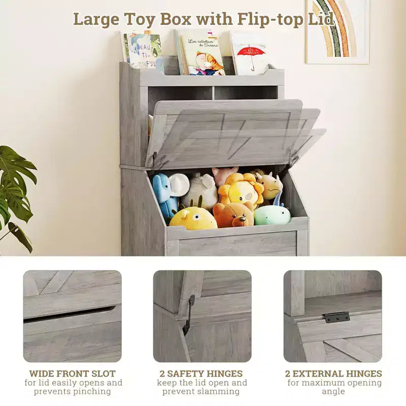Bibliothèque et rangement de jouets gris/blanc pour enfants avec couvercle à rabat, pour garçons et filles