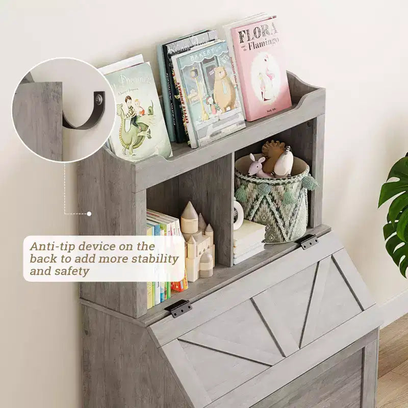Bibliothèque et rangement de jouets gris/blanc pour enfants avec couvercle à rabat, pour garçons et filles