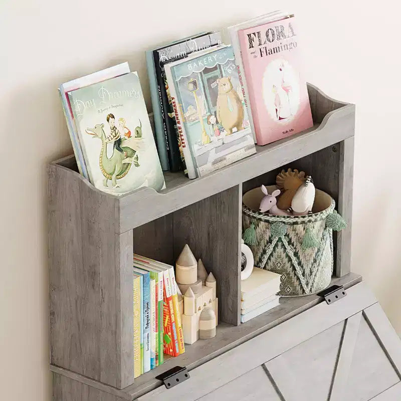 Bibliothèque et rangement de jouets gris/blanc pour enfants avec couvercle à rabat, pour garçons et filles