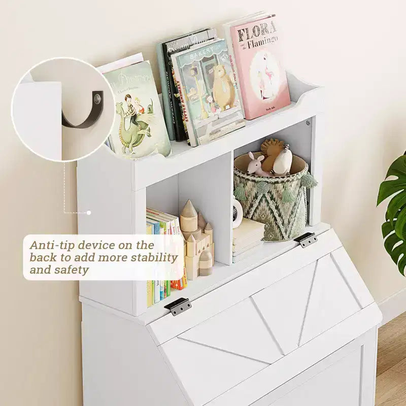 Bibliothèque et rangement de jouets gris/blanc pour enfants avec couvercle à rabat, pour garçons et filles