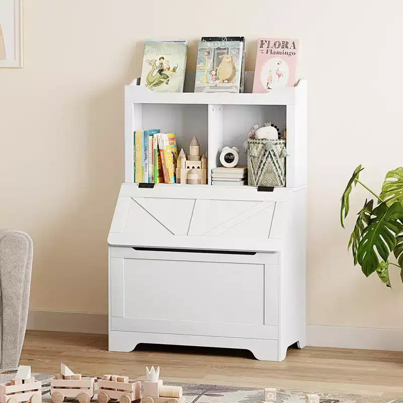 Bibliothèque et rangement de jouets gris/blanc pour enfants avec couvercle à rabat, pour garçons et filles