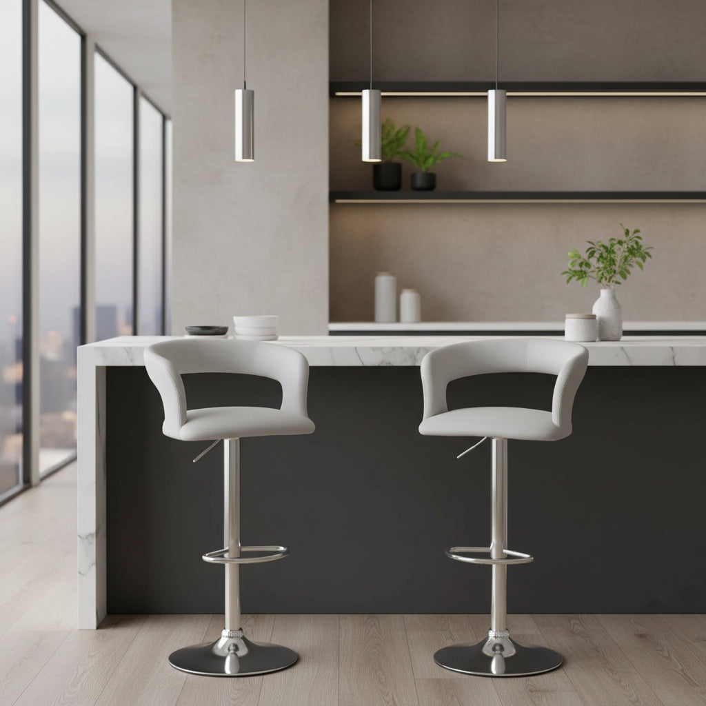Poundex, Adjustable Height & Swivel Barstool in Gray Faux Leather (Set of 2)