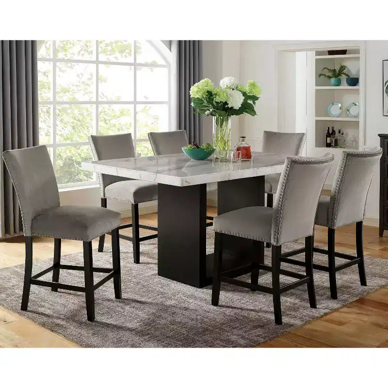 Table de salle à manger hauteur comptoir en marbre blanc et rectangle noir, 6 places