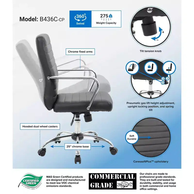 Chaise de travail noire rembourrée avec accoudoirs fixes, siège unique