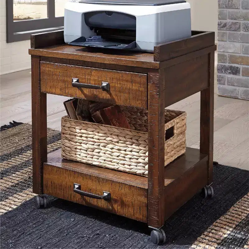 Meuble d'imprimante marron rustique avec rangement, 2 tiroirs, 1 personne