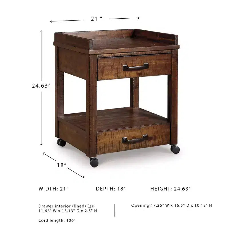 Meuble d'imprimante marron rustique avec rangement, 2 tiroirs, 1 personne