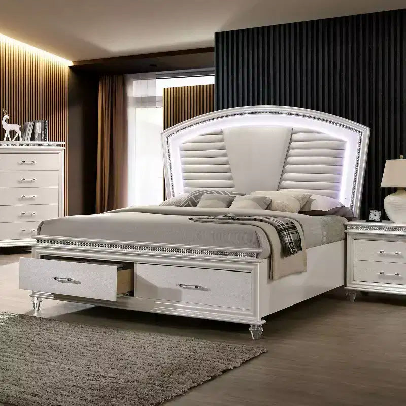 Lit plate-forme King Size California blanc perle avec LED et tiroirs de rangement, 2 personnes