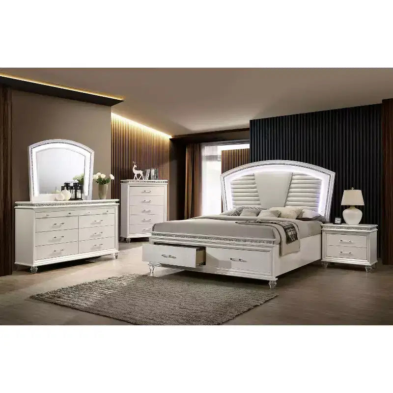 Lit plate-forme King Size California blanc perle avec LED et tiroirs de rangement, 2 personnes