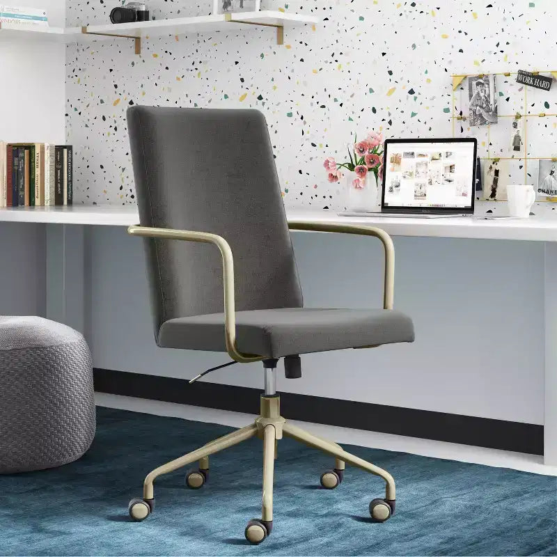 Chaise de bureau réglable en velours gris et bleu avec garniture dorée, siège simple