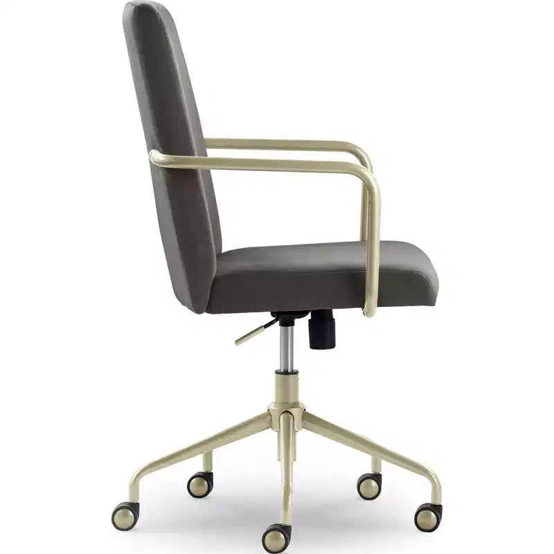 Chaise de bureau réglable en velours gris et bleu avec garniture dorée, siège simple