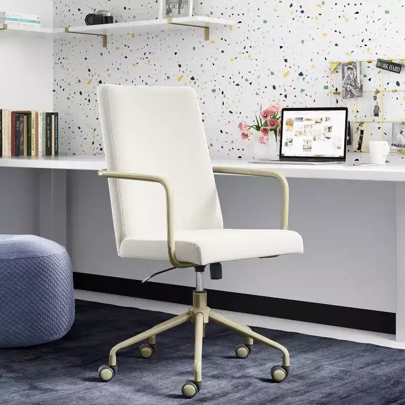 Chaise de bureau réglable en velours gris et bleu avec garniture dorée, siège simple