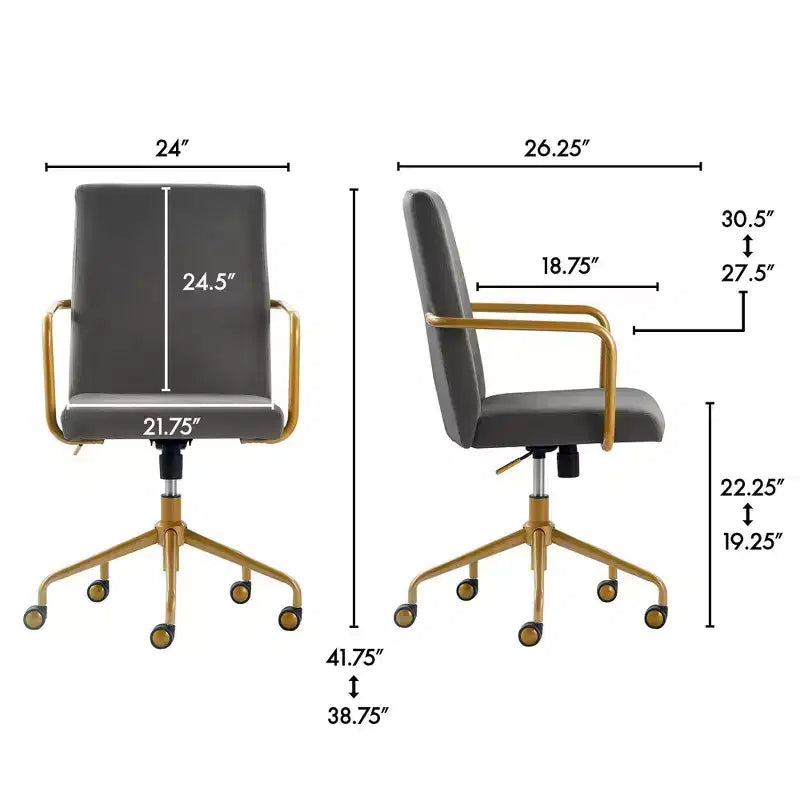 Chaise de bureau réglable en velours gris et bleu avec garniture dorée, siège simple
