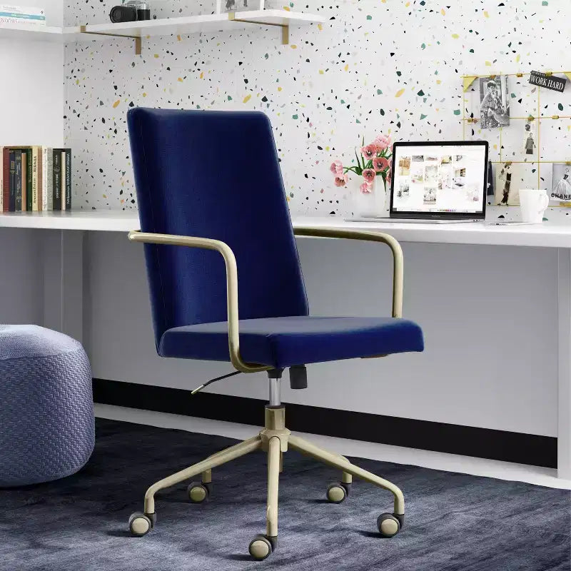 Chaise de bureau réglable en velours gris et bleu avec garniture dorée, siège simple
