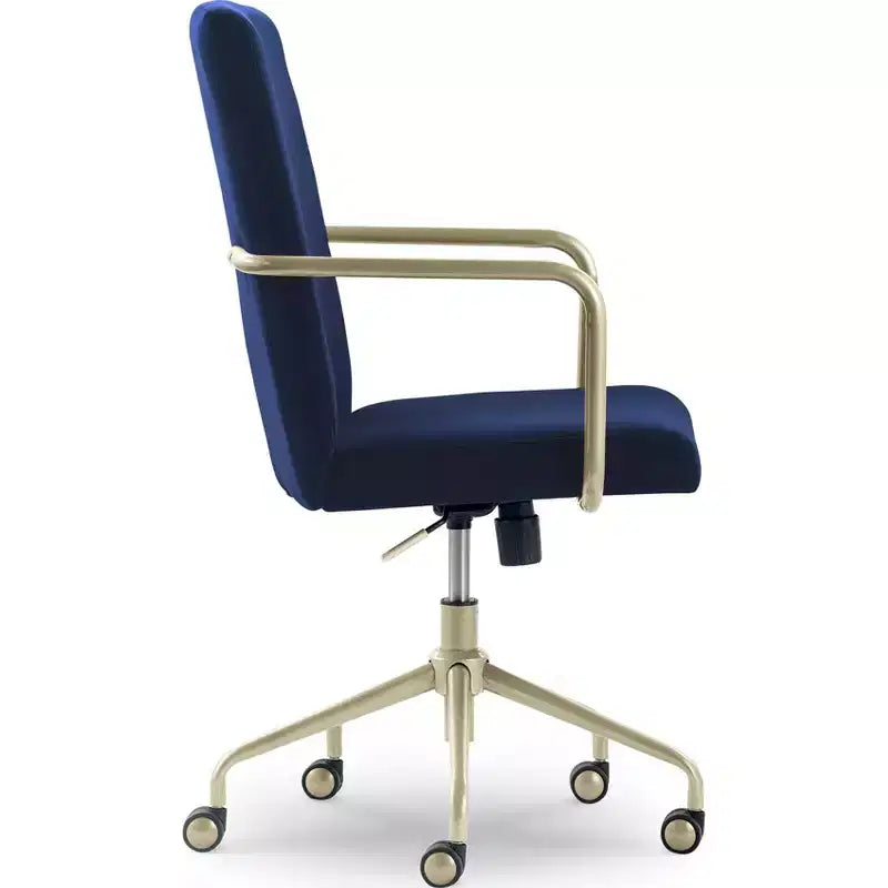 Chaise de bureau réglable en velours gris et bleu avec garniture dorée, siège simple