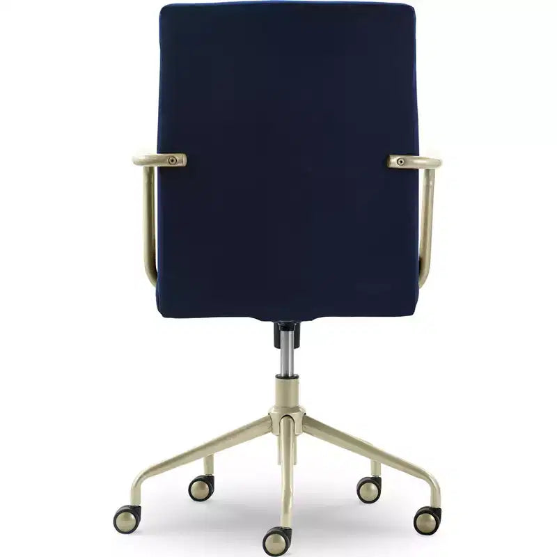 Chaise de bureau réglable en velours gris et bleu avec garniture dorée, siège simple