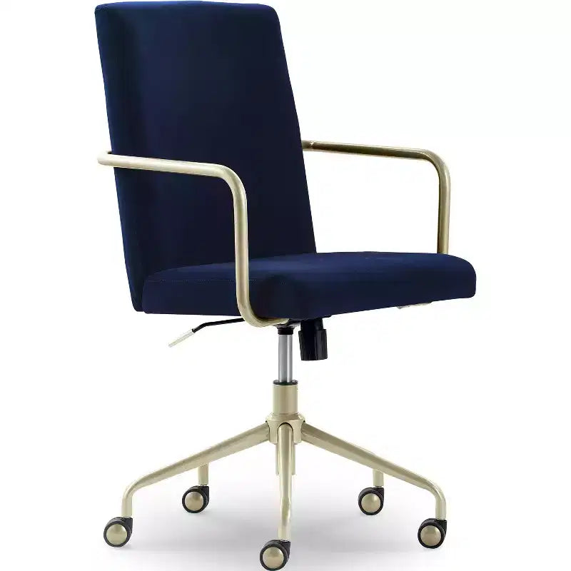 Chaise de bureau réglable en velours gris et bleu avec garniture dorée, siège simple
