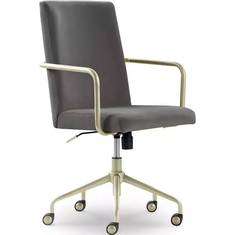 Chaise de bureau réglable en velours gris et bleu avec garniture dorée, siège simple