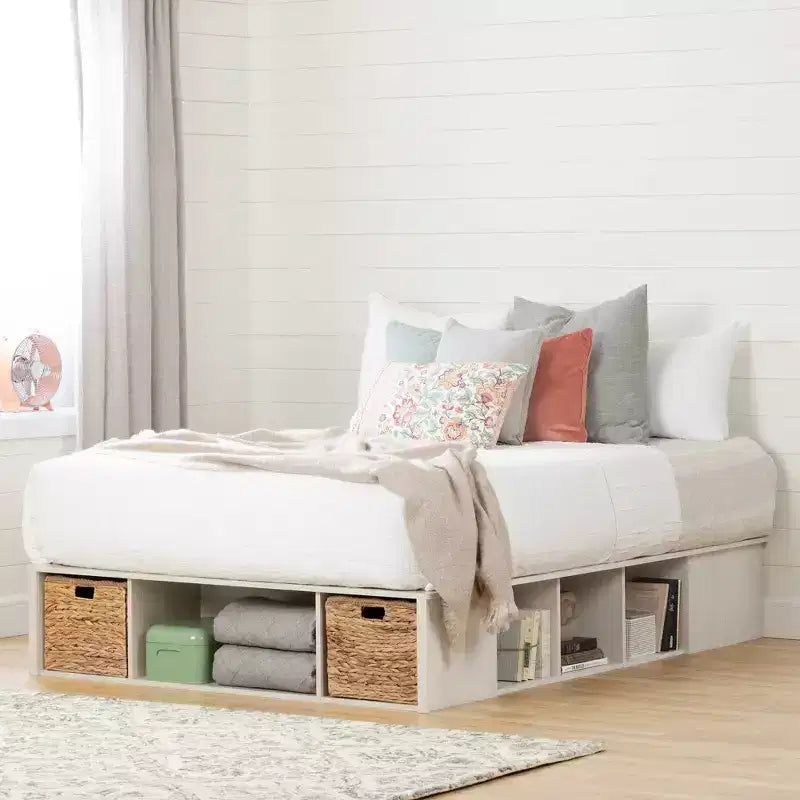 Lit plate-forme de rangement en chêne et rotin avec paniers – Grand lit/Très grand lit, 1–2 personnes